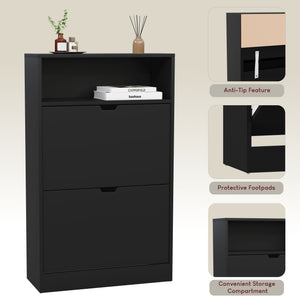 2 Drawer Shoe Cabinet With Shelf, Black