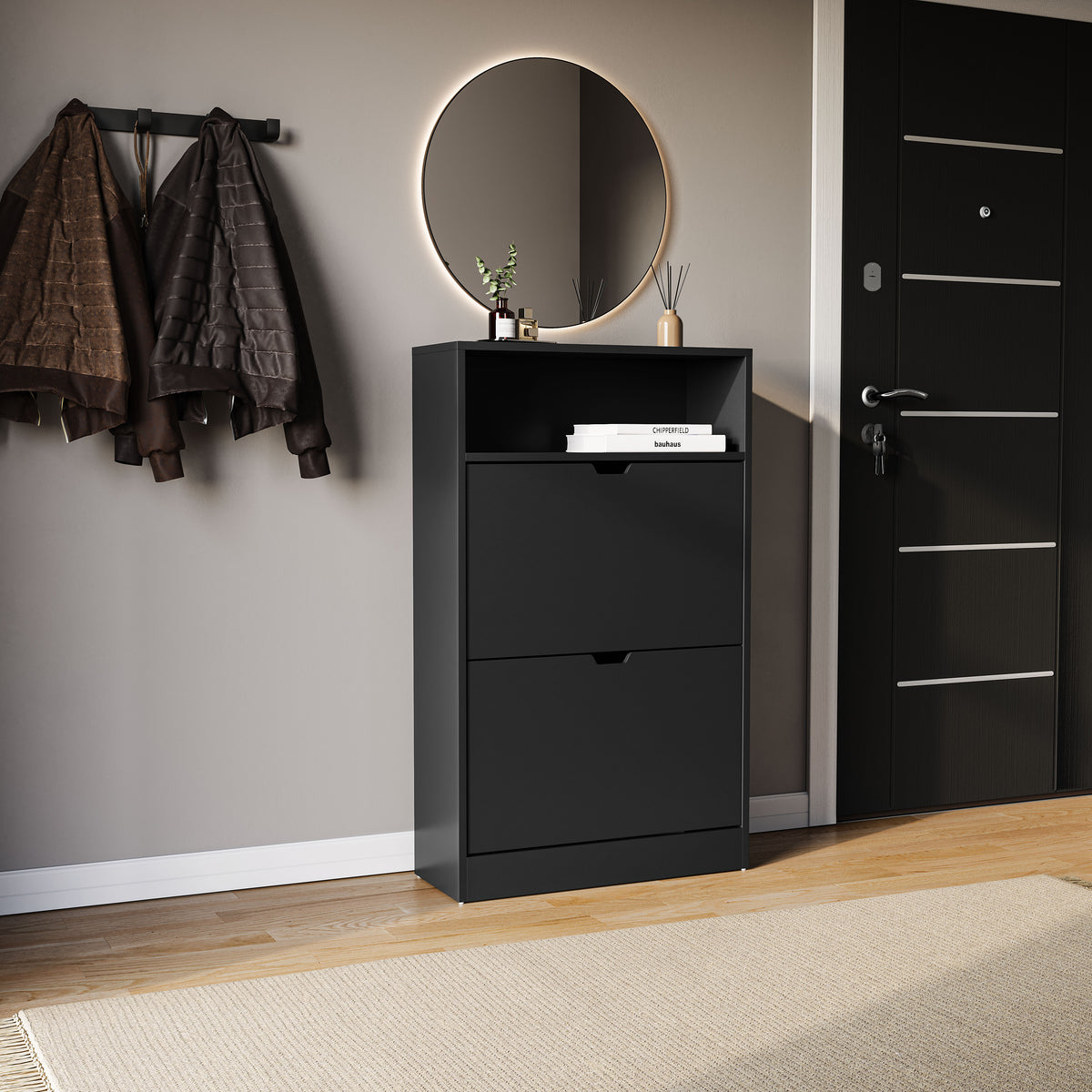 2 Drawer Shoe Cabinet With Shelf, Black