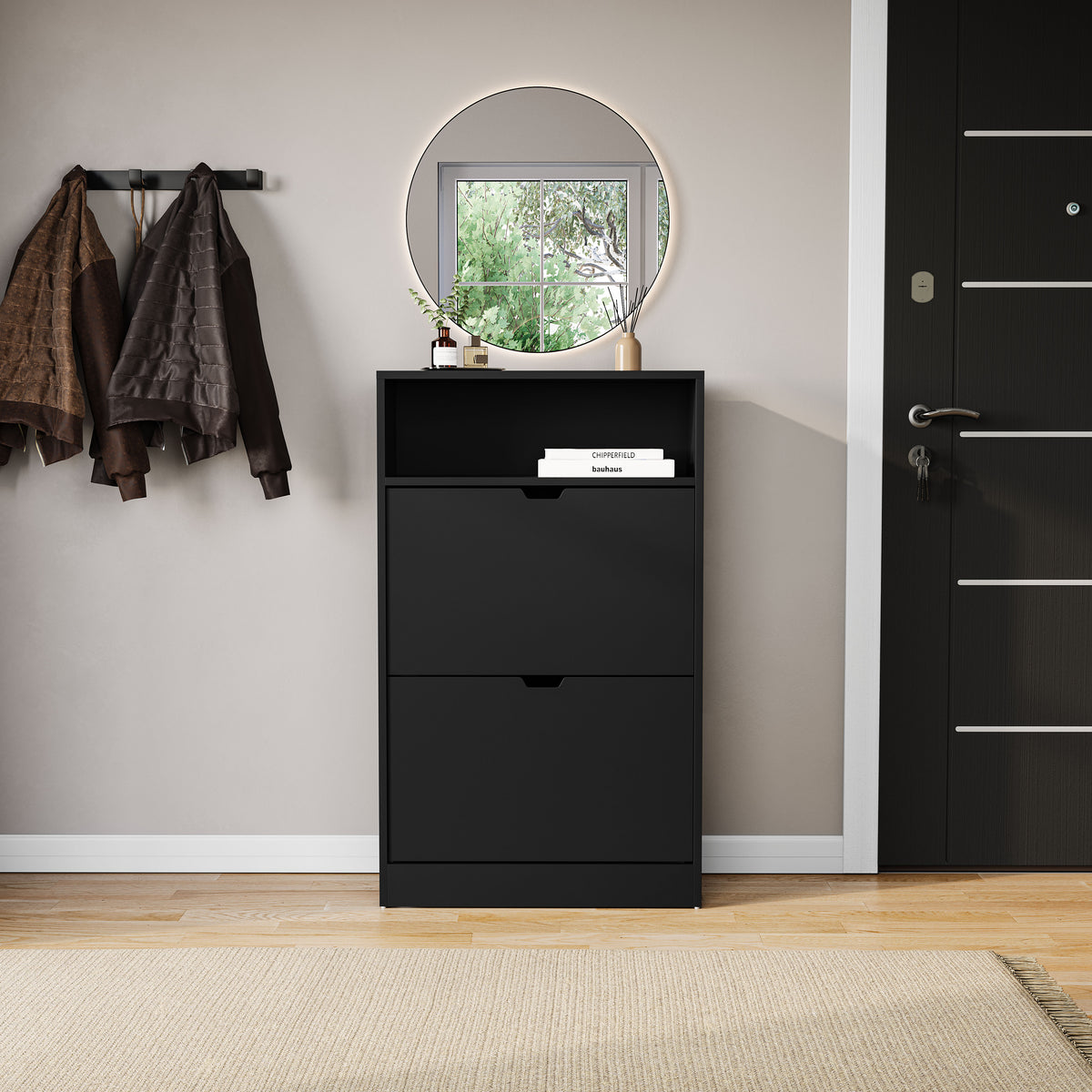 2 Drawer Shoe Cabinet With Shelf, Black