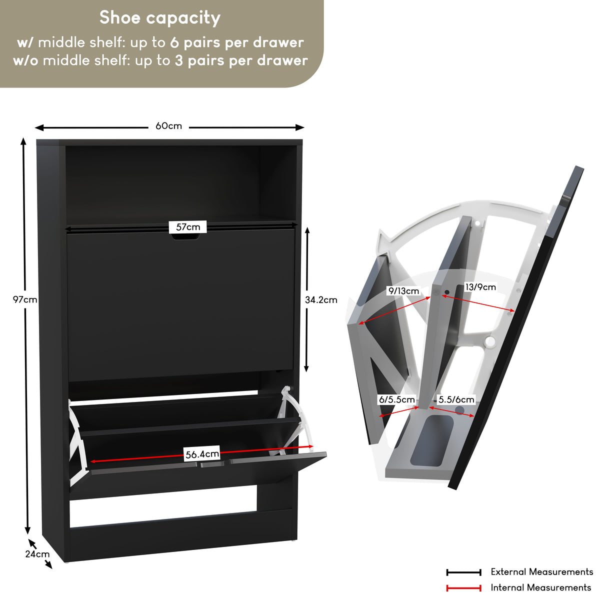 2 Drawer Shoe Cabinet With Shelf, Black