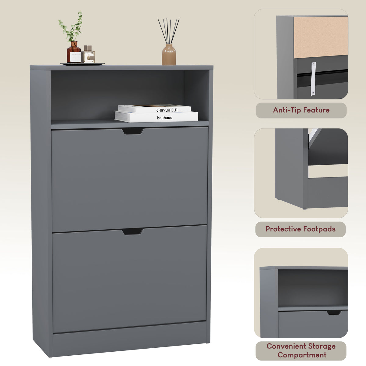 2 Drawer Shoe Cabinet With Shelf, Grey