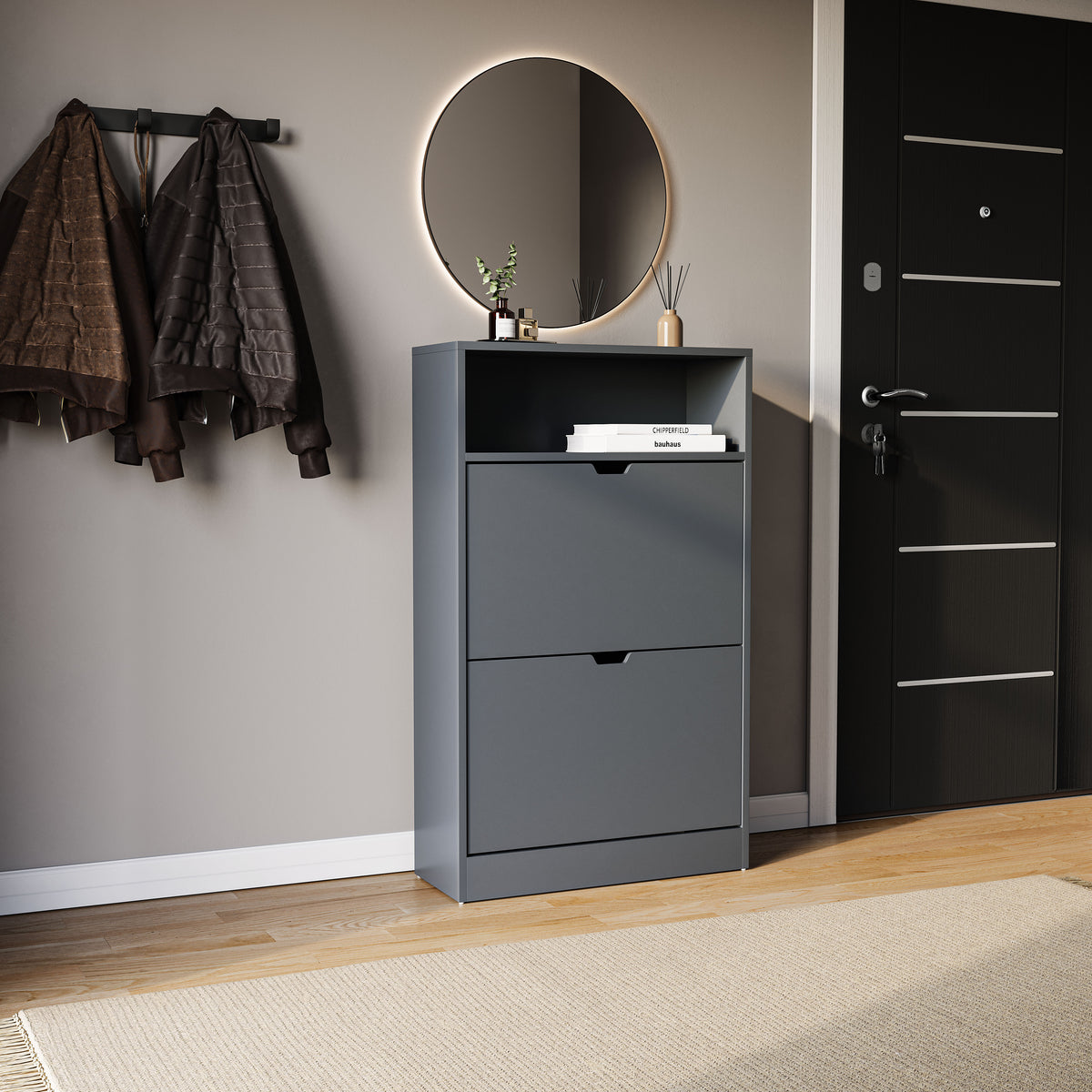 2 Drawer Shoe Cabinet With Shelf, Grey