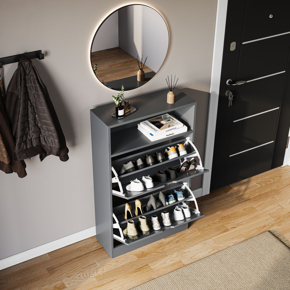 2 Drawer Shoe Cabinet With Shelf, Grey