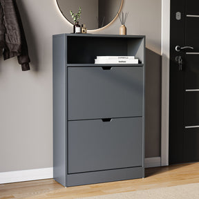Two-drawer shoe cabinet in grey, with two pull-out drawers and a shelf.
