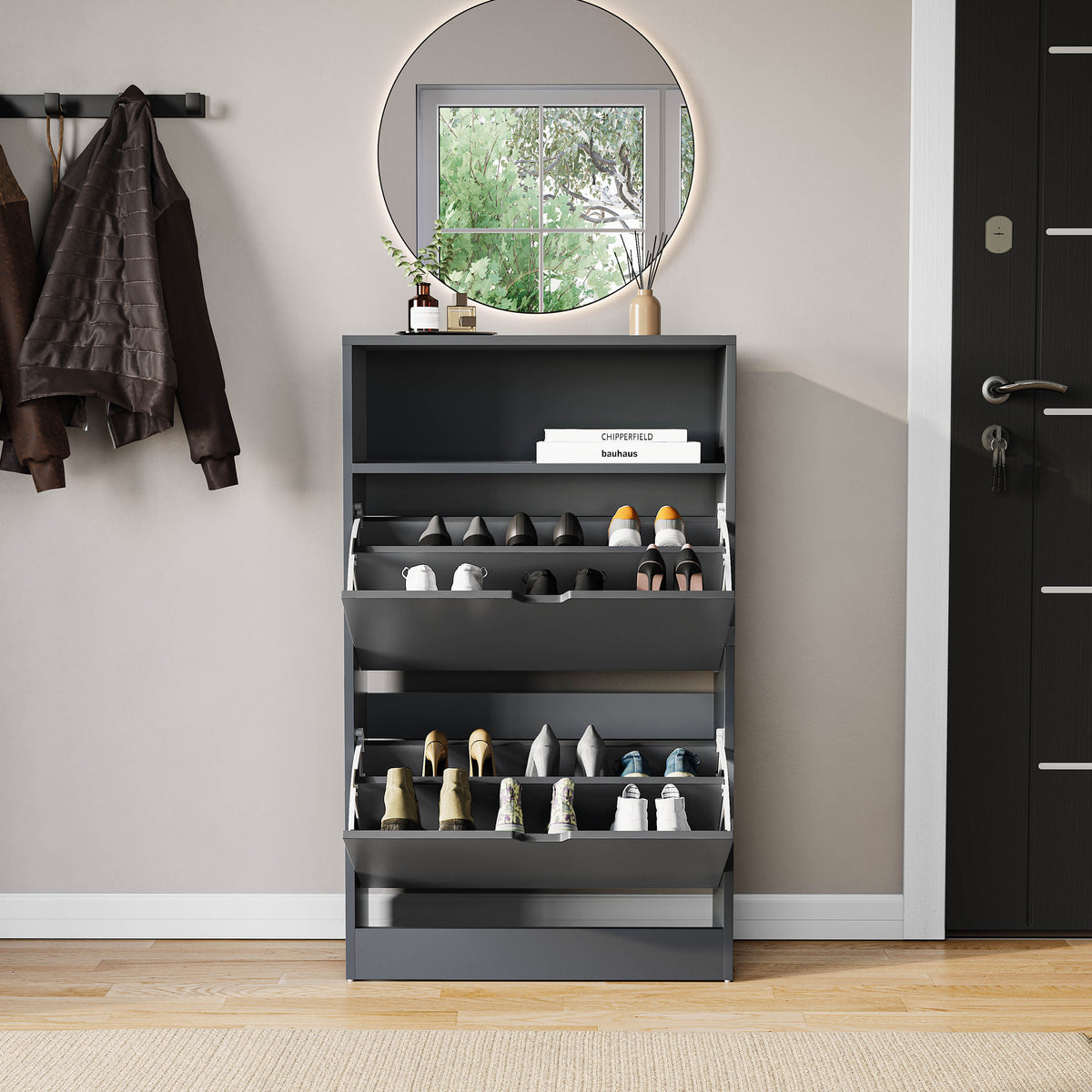 2 Drawer Shoe Cabinet With Shelf, Grey