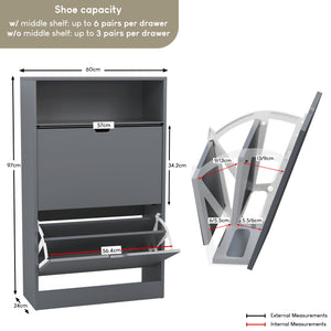 2 Drawer Shoe Cabinet With Shelf, Grey