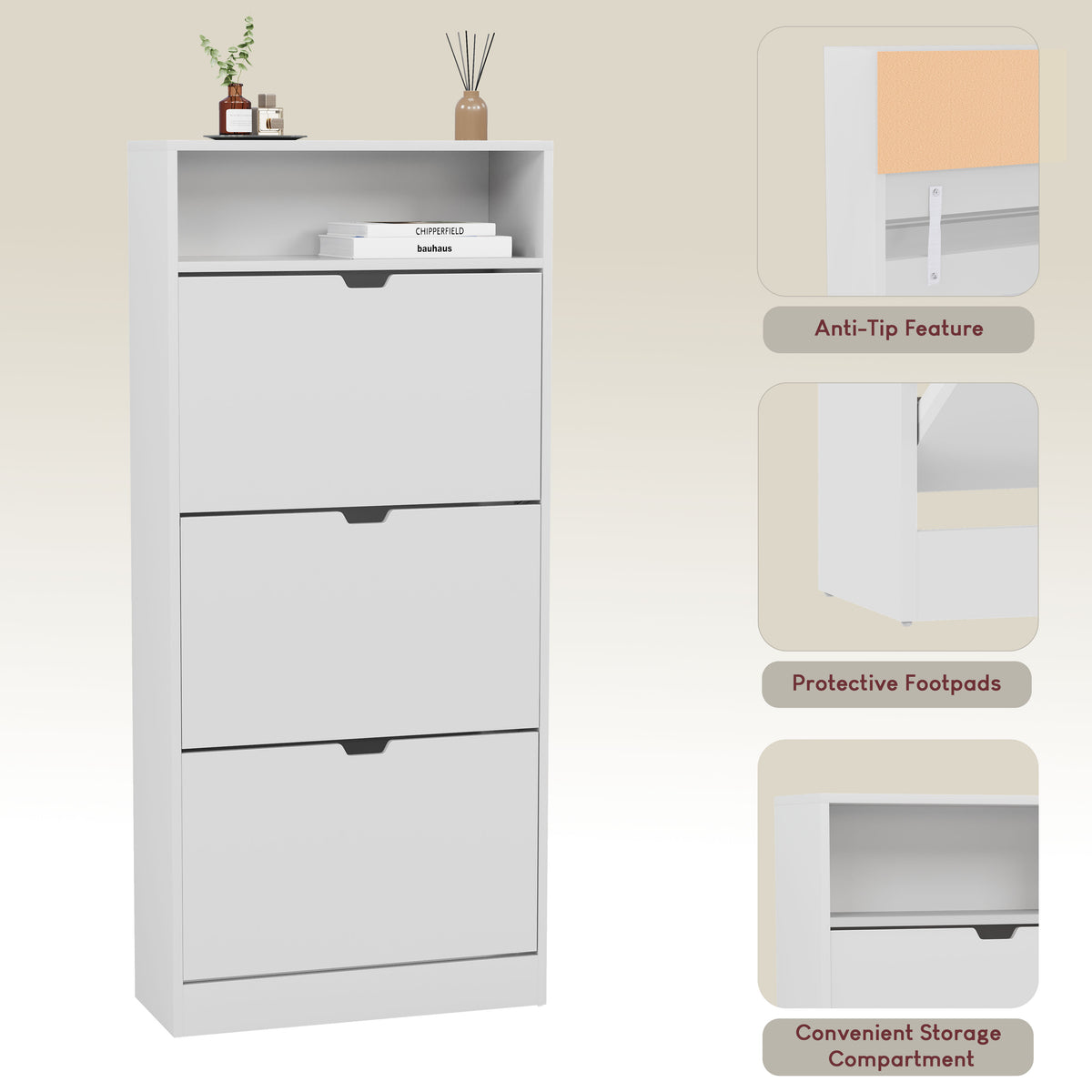 3 Drawer Shoe Cabinet With Shelf, White