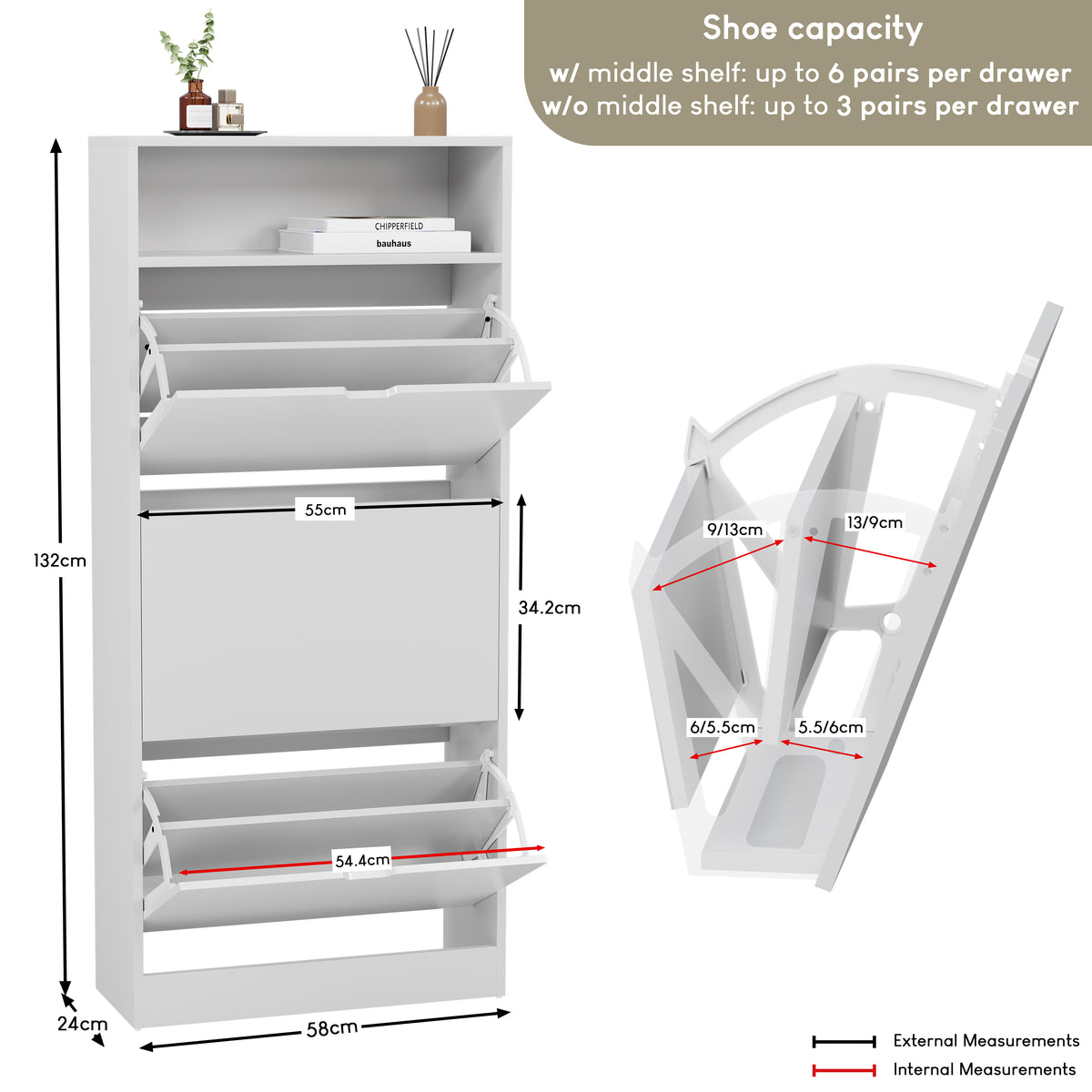 3 Drawer Shoe Cabinet With Shelf, White