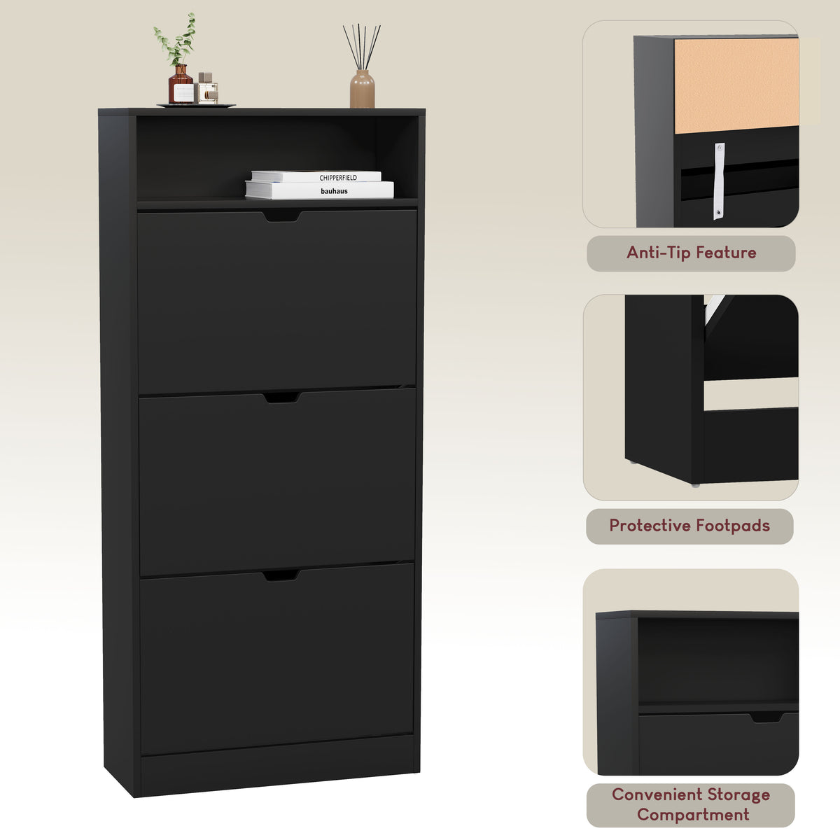 3 Drawer Shoe Cabinet With Shelf, Black