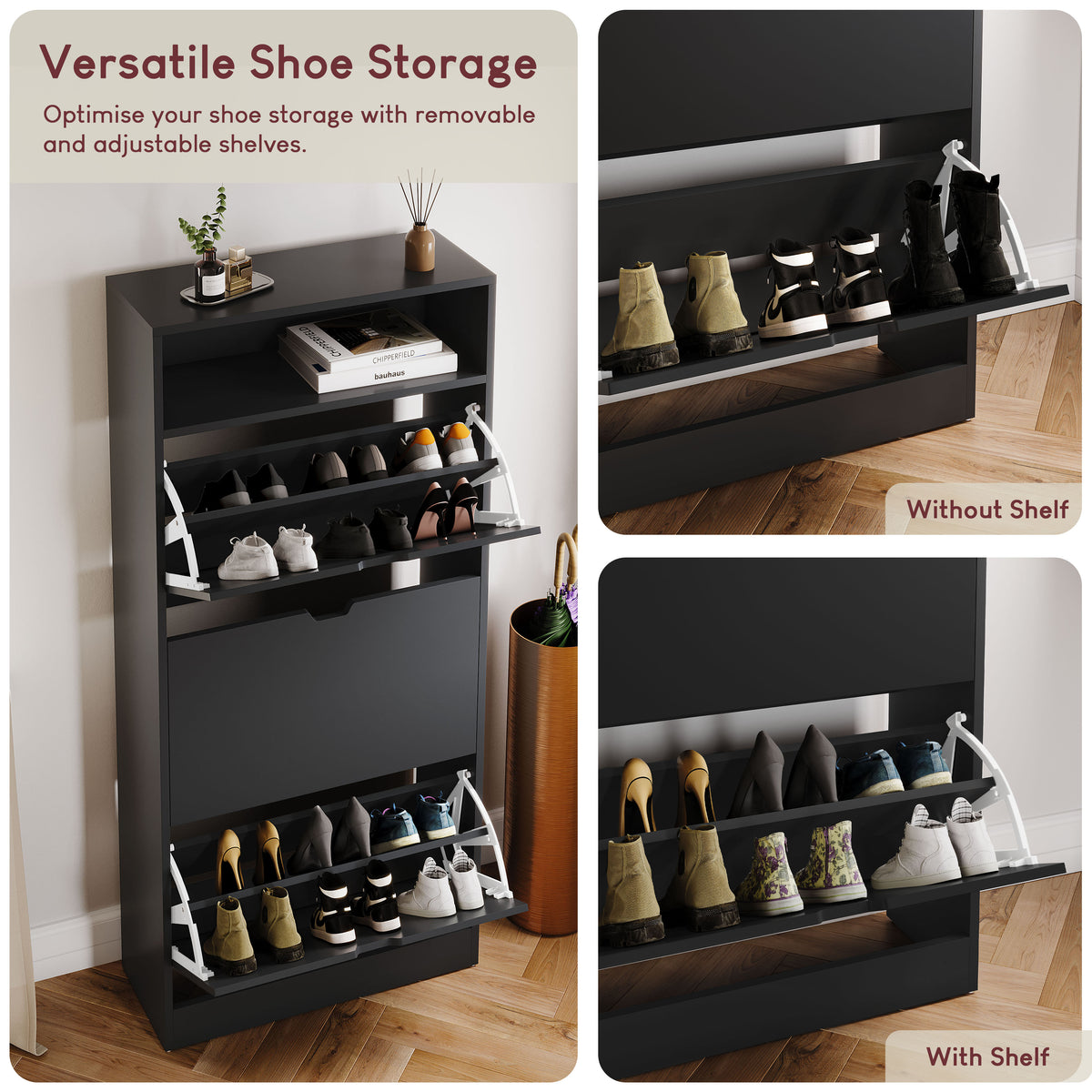 3 Drawer Shoe Cabinet With Shelf, Black