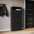 Three-drawer shoe cabinet in black, with three pull-out drawers and a shelf.
