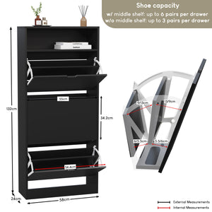 3 Drawer Shoe Cabinet With Shelf, Black