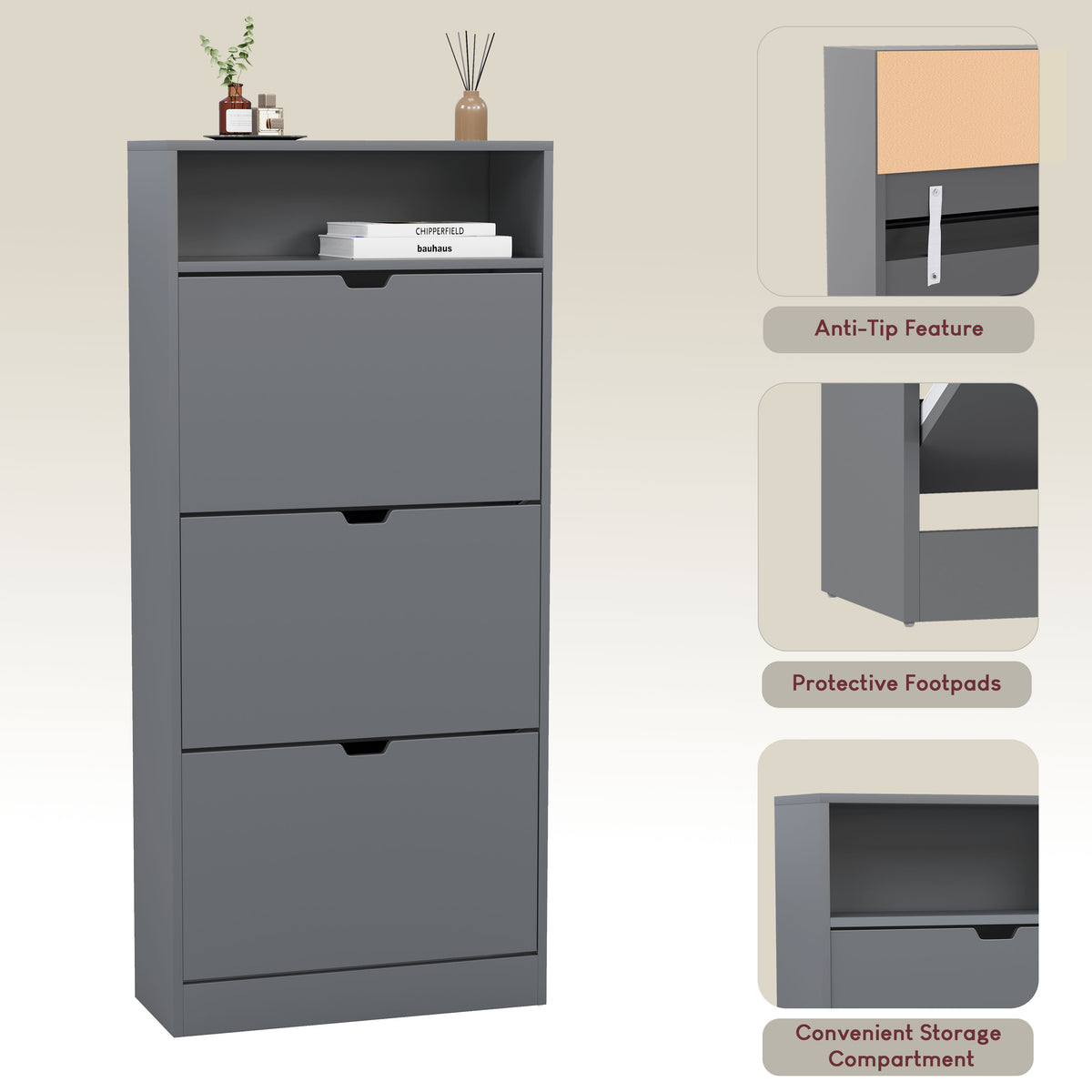 3 Drawer Shoe Cabinet With Shelf, Grey