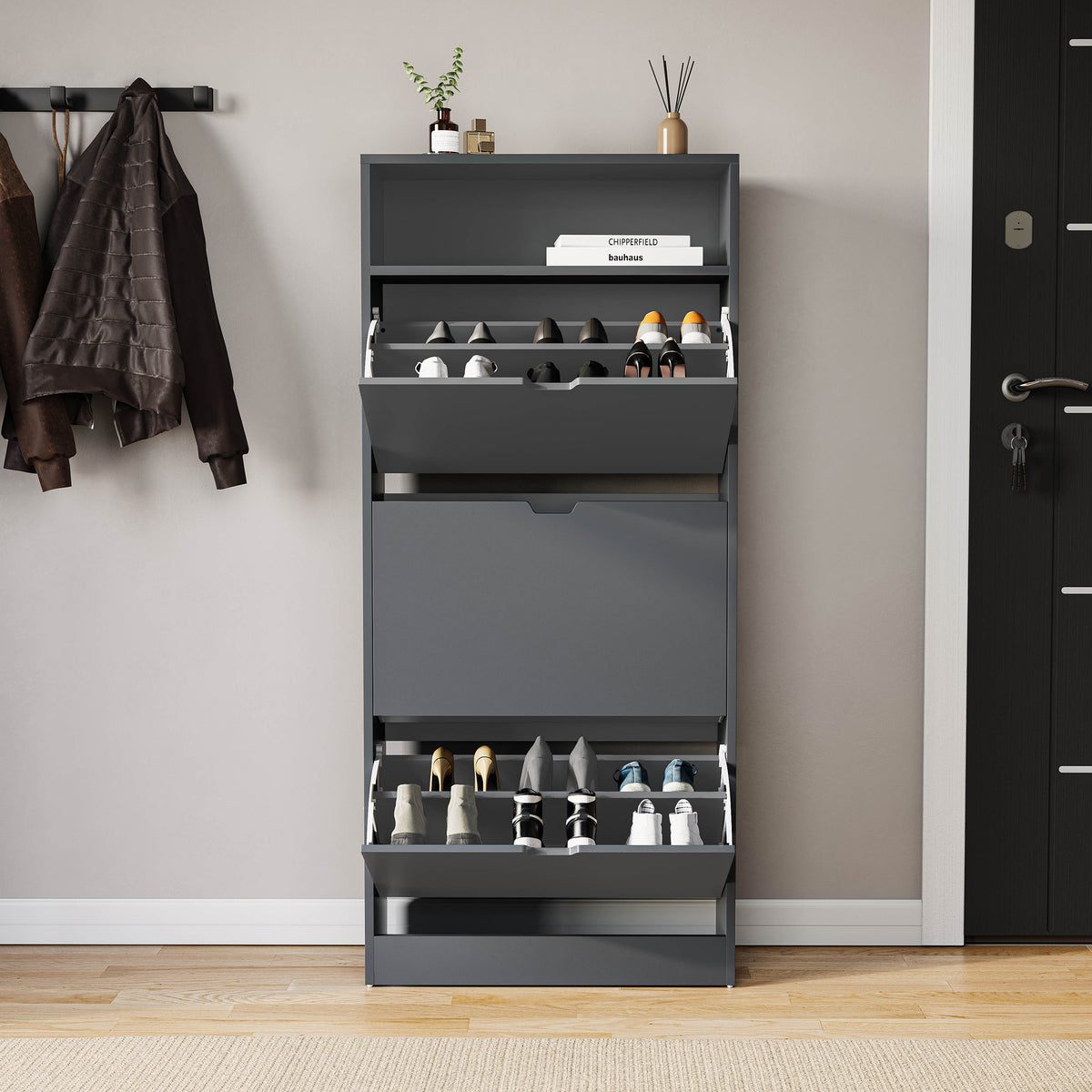 3 Drawer Shoe Cabinet With Shelf, Grey