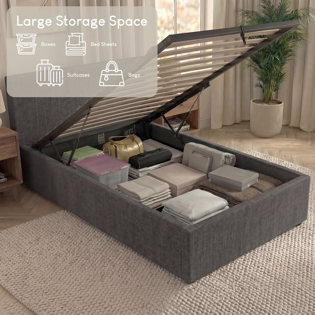 Veronica Single Ottoman Bed, Dark Grey Linen