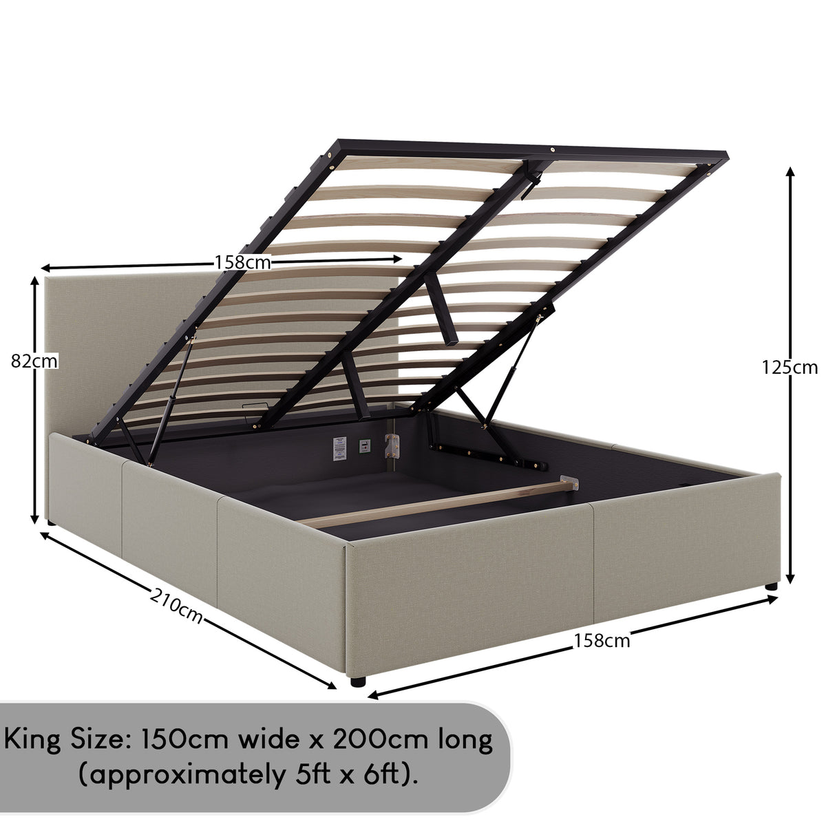 Veronica King Size Linen Ottoman Bed, Beige Linen upholstered ottoman bed with lift-up storage
