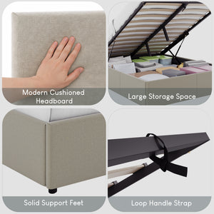 Veronica King Size Linen Ottoman Bed, Beige Linen upholstered ottoman bed with lift-up storage
