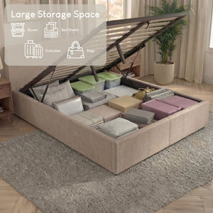 Veronica King Size Linen Ottoman Bed, Beige Linen upholstered ottoman bed with lift-up storage
