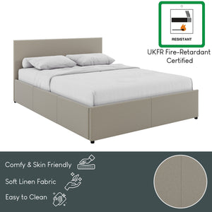 Veronica King Size Linen Ottoman Bed, Beige Linen upholstered ottoman bed with lift-up storage
