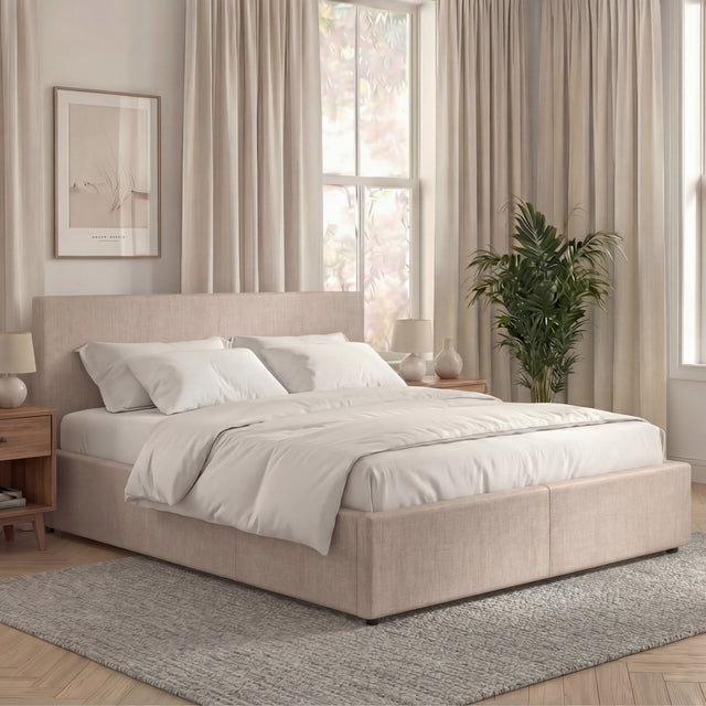 Veronica King Size Linen Ottoman Bed, Beige Linen upholstered ottoman bed with lift-up storage
