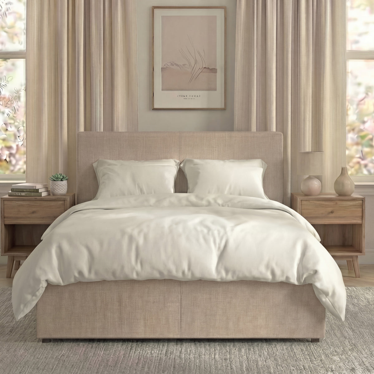 Veronica King Size Linen Ottoman Bed, Beige Linen upholstered ottoman bed with lift-up storage
