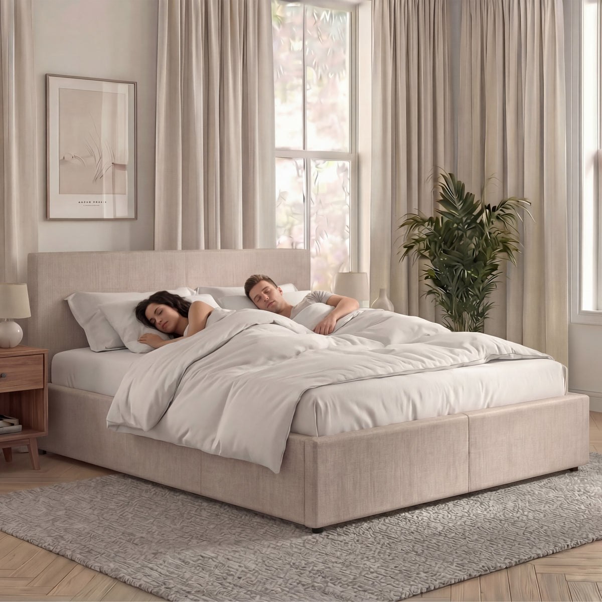 Veronica King Size Linen Ottoman Bed, Beige Linen upholstered ottoman bed with lift-up storage
