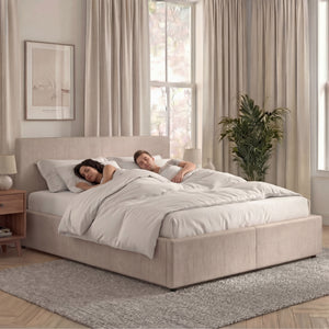Veronica King Size Linen Ottoman Bed, Beige Linen upholstered ottoman bed with lift-up storage
