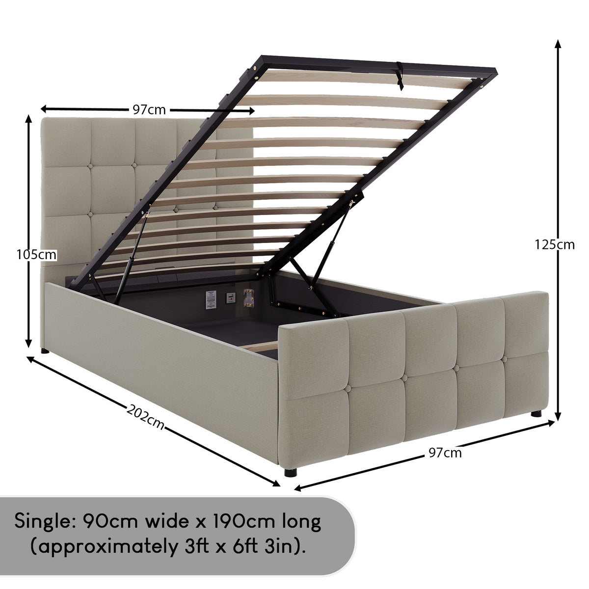 Valentina Single Ottoman Bed, Beige Linen