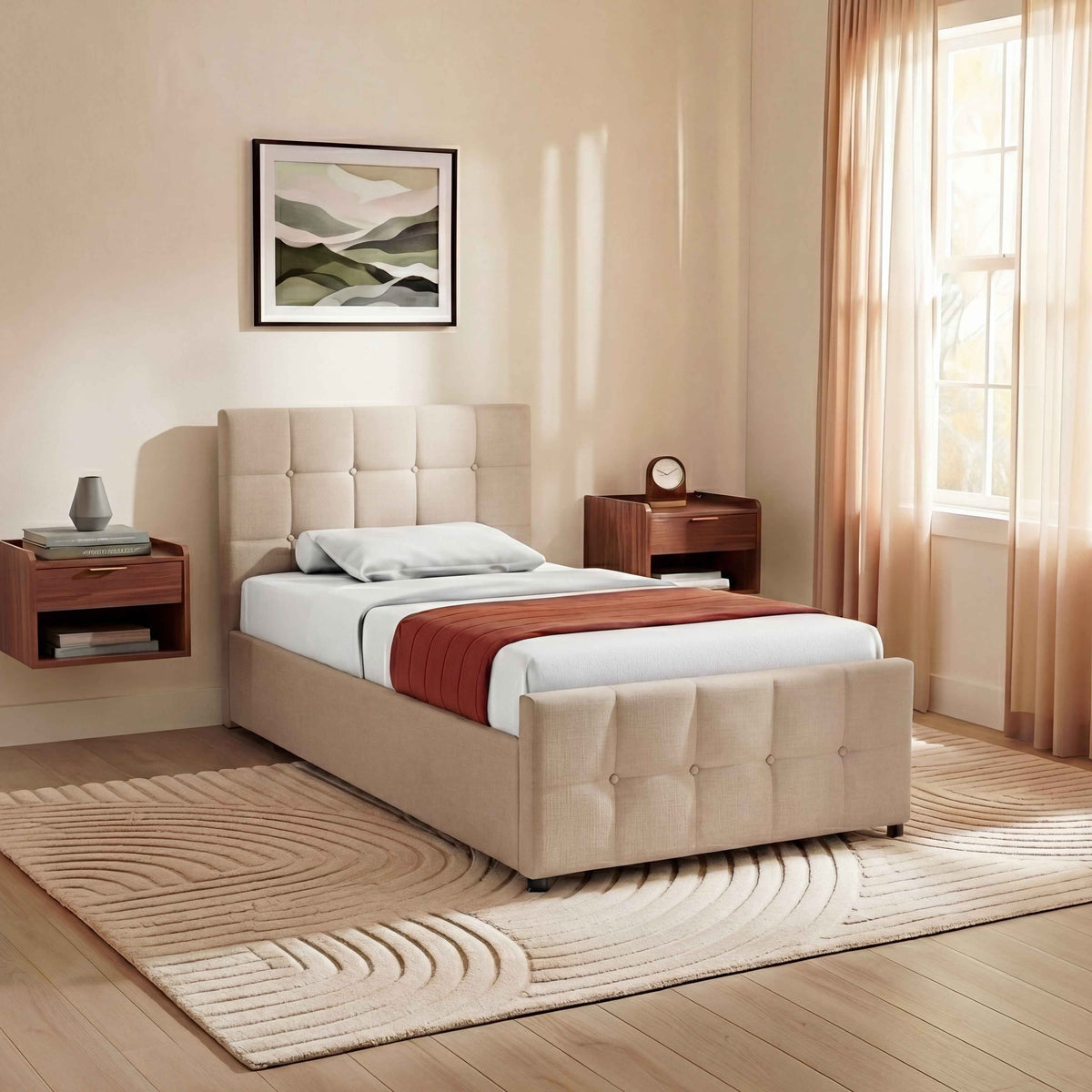 Valentina Single Ottoman Bed, Beige Linen