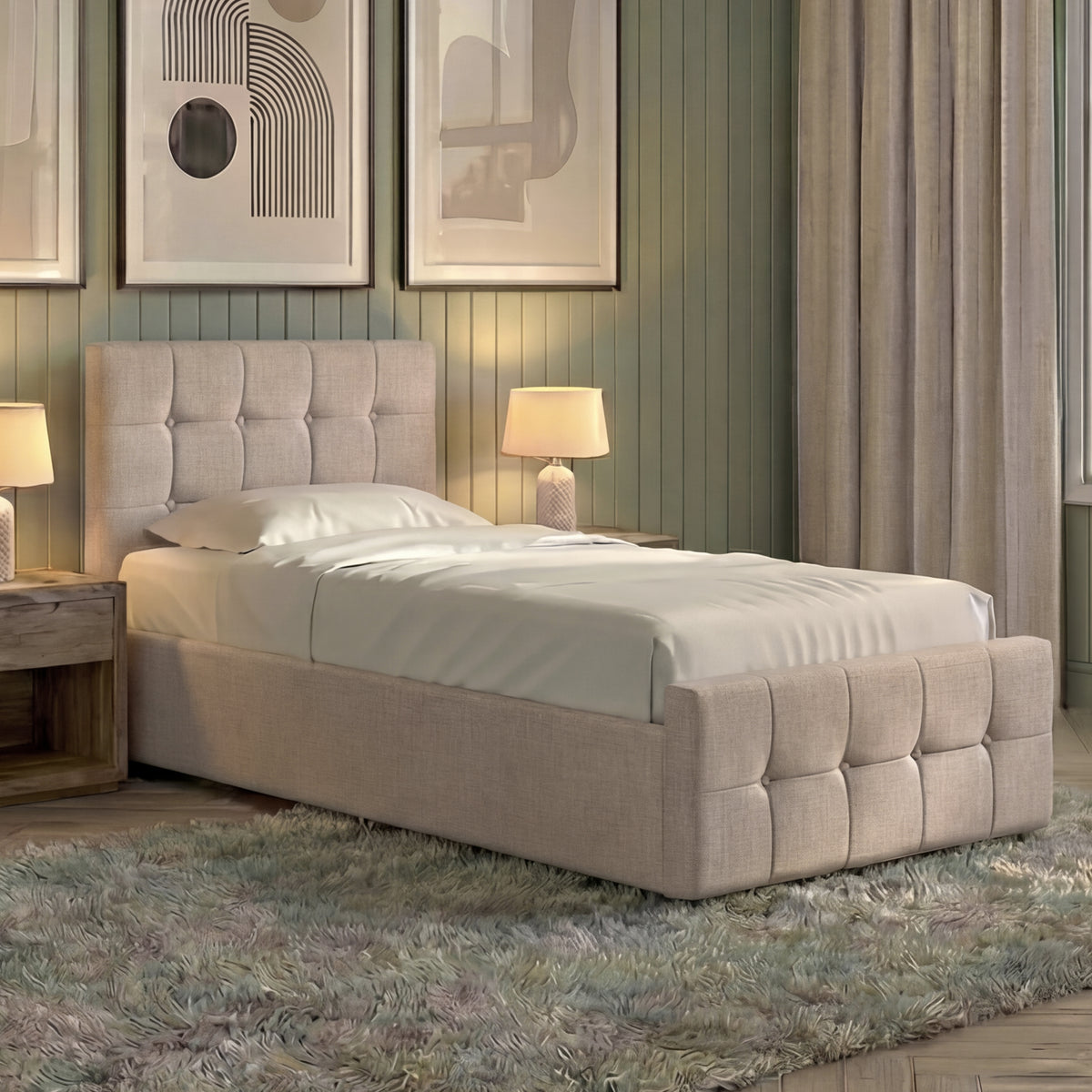 Valentina Single Ottoman Bed, Beige Linen