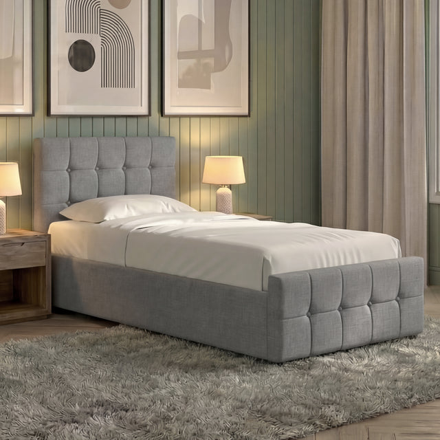 Valentina Single Ottoman Bed, Light Grey Linen upholstered ottoman bed with lift-up storage
