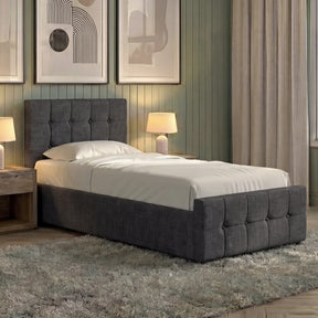 Valentina Single Ottoman Bed, Dark Grey Linen upholstered ottoman bed with lift-up storage
