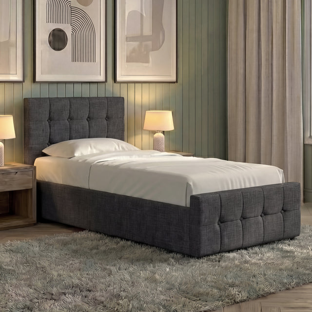 Valentina Single Ottoman Bed, Dark Grey Linen upholstered ottoman bed with lift-up storage
