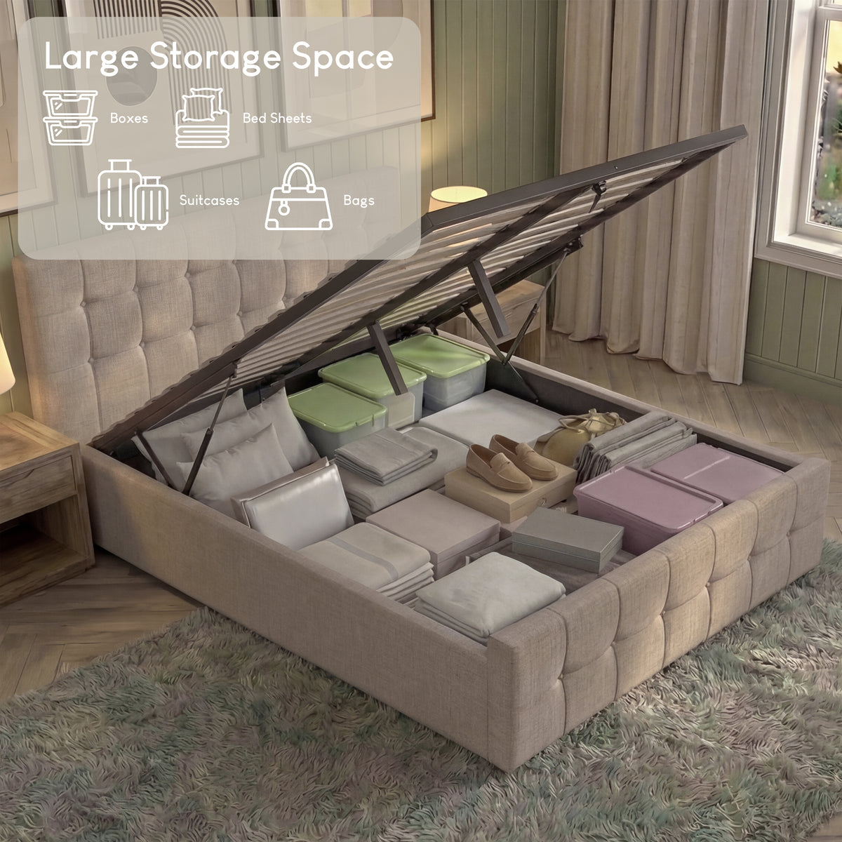 Valentina Double Ottoman Bed, Beige Linen UKFR