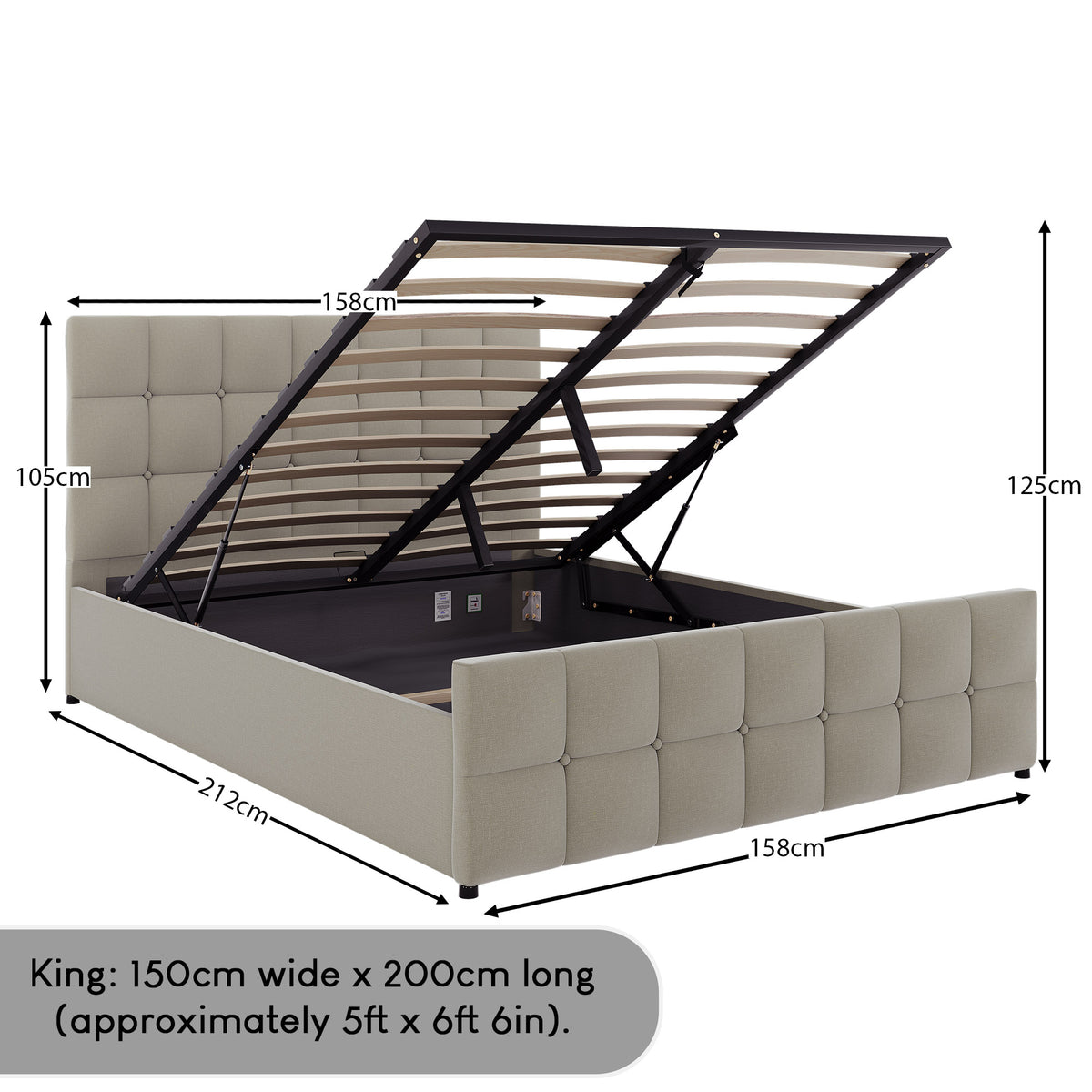 Valentina King Size Linen Ottoman Bed, Beige Linen UKFR