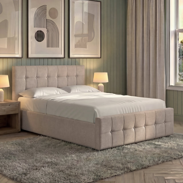 Valentina King Size Linen Ottoman Bed, Beige Linen upholstered ottoman bed with lift-up storage
