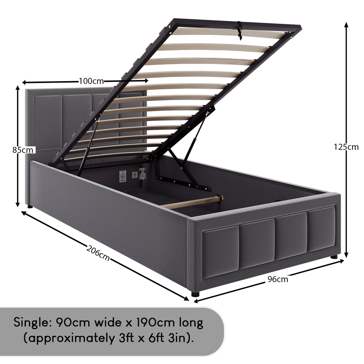Vanita Single Ottoman Fabric Bed, Dark Grey