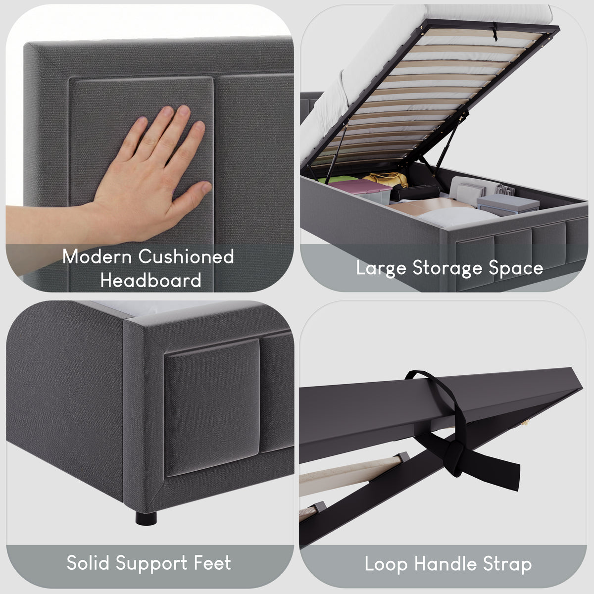 Vanita Single Ottoman Fabric Bed, Dark Grey