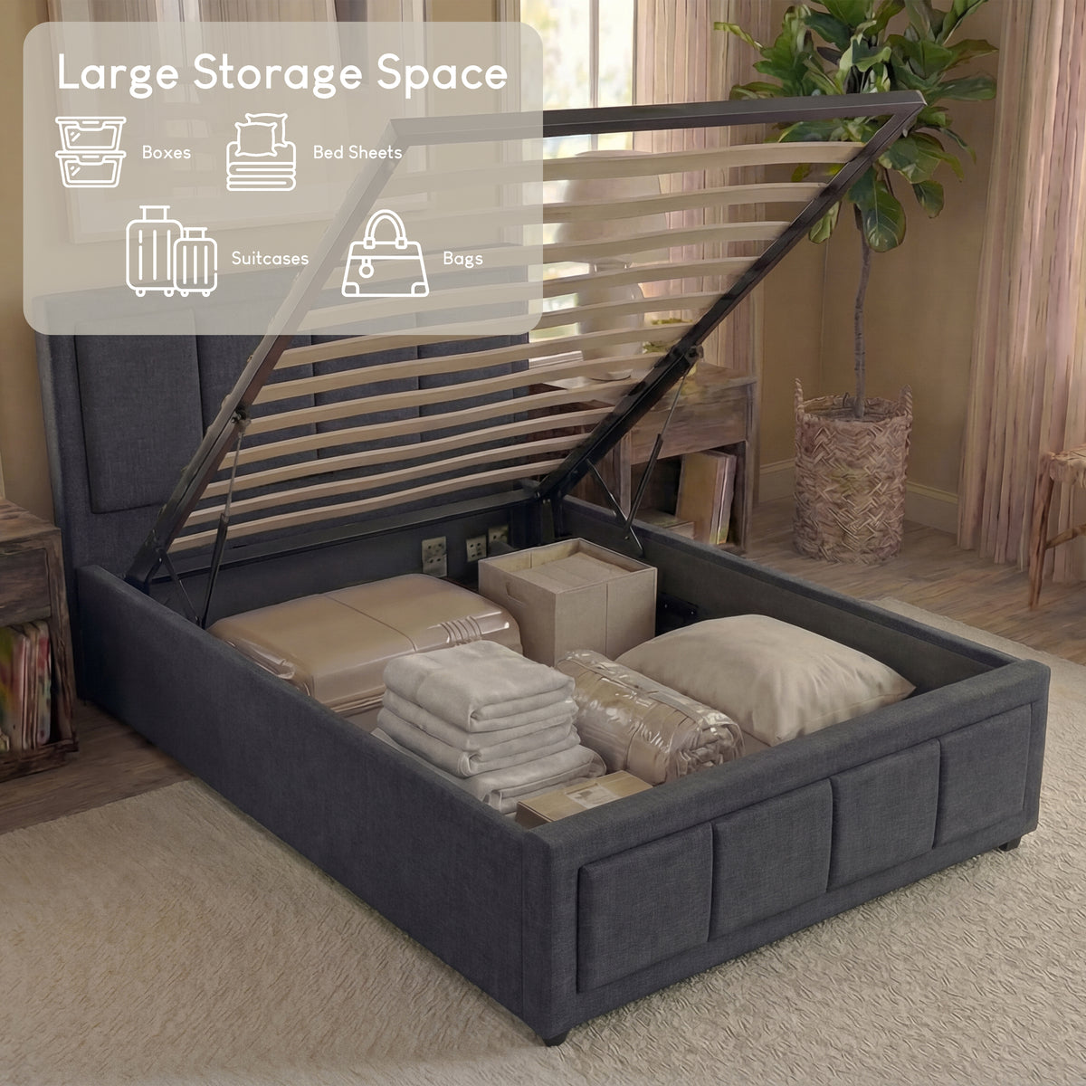 Vanita Single Ottoman Fabric Bed, Dark Grey