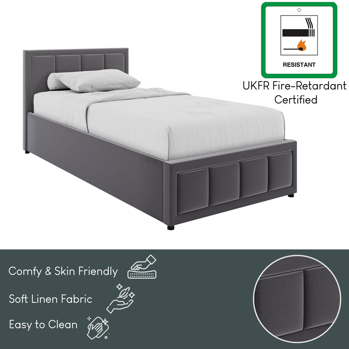 Vanita Single Ottoman Fabric Bed, Dark Grey