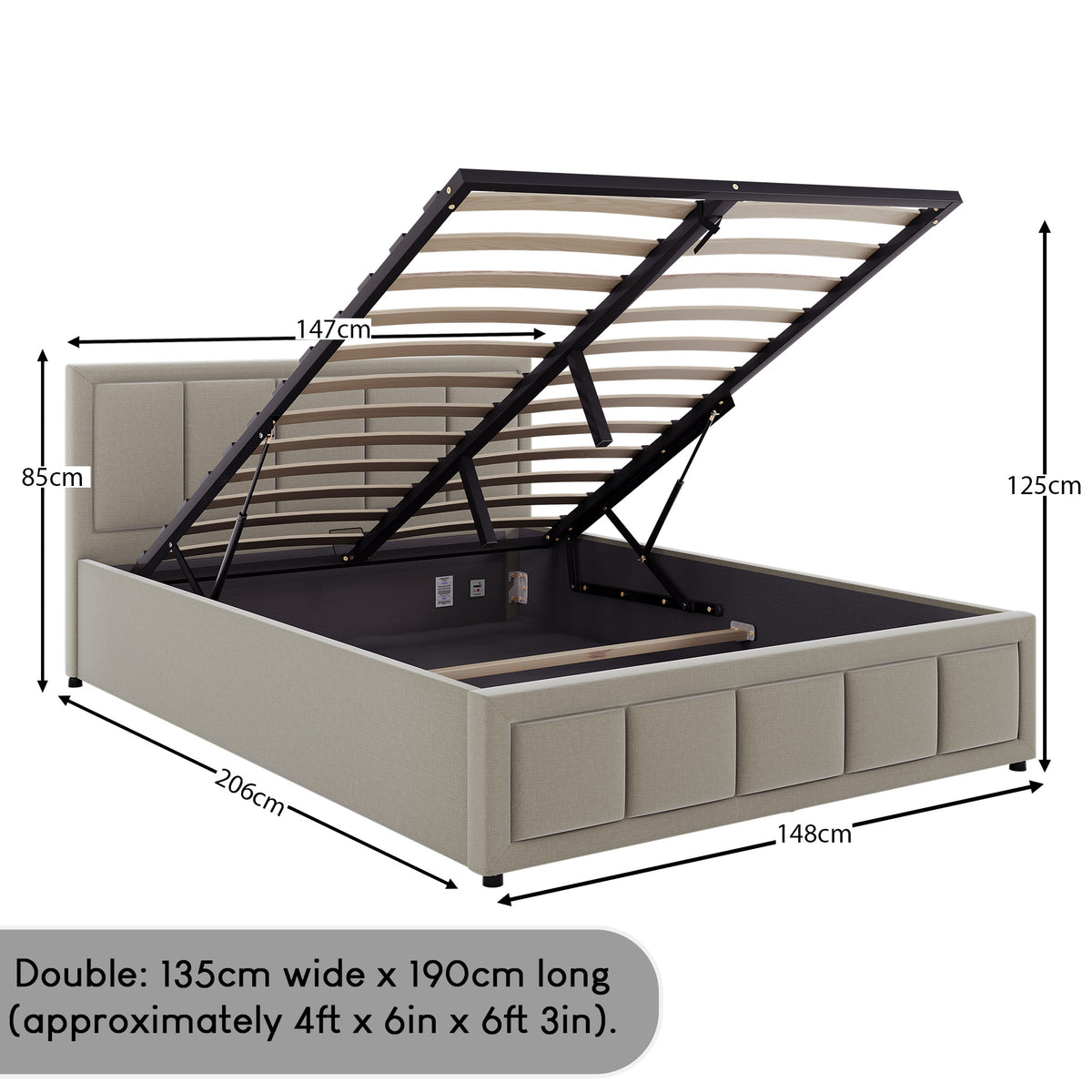 Vanita Double Fabric Ottoman Bed, Beige UKFR