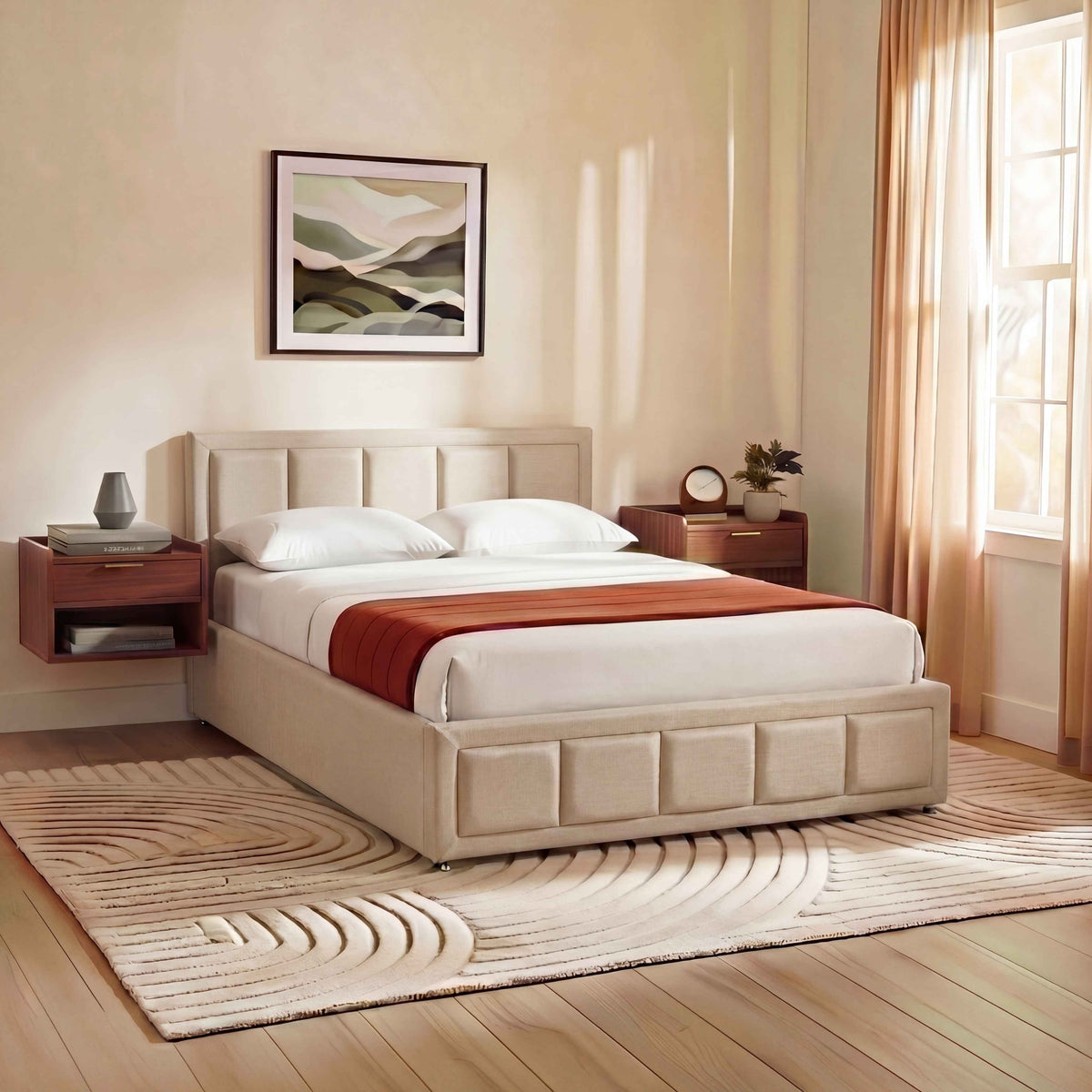 Vanita Double Fabric Ottoman Bed, Beige UKFR