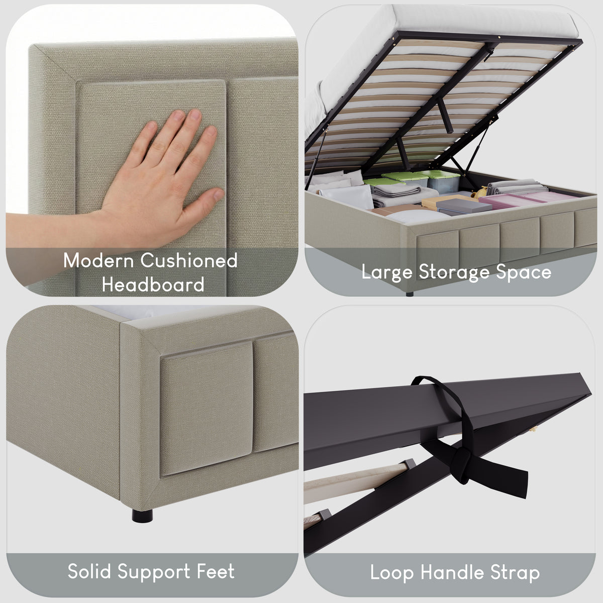 Vanita Double Fabric Ottoman Bed, Beige UKFR