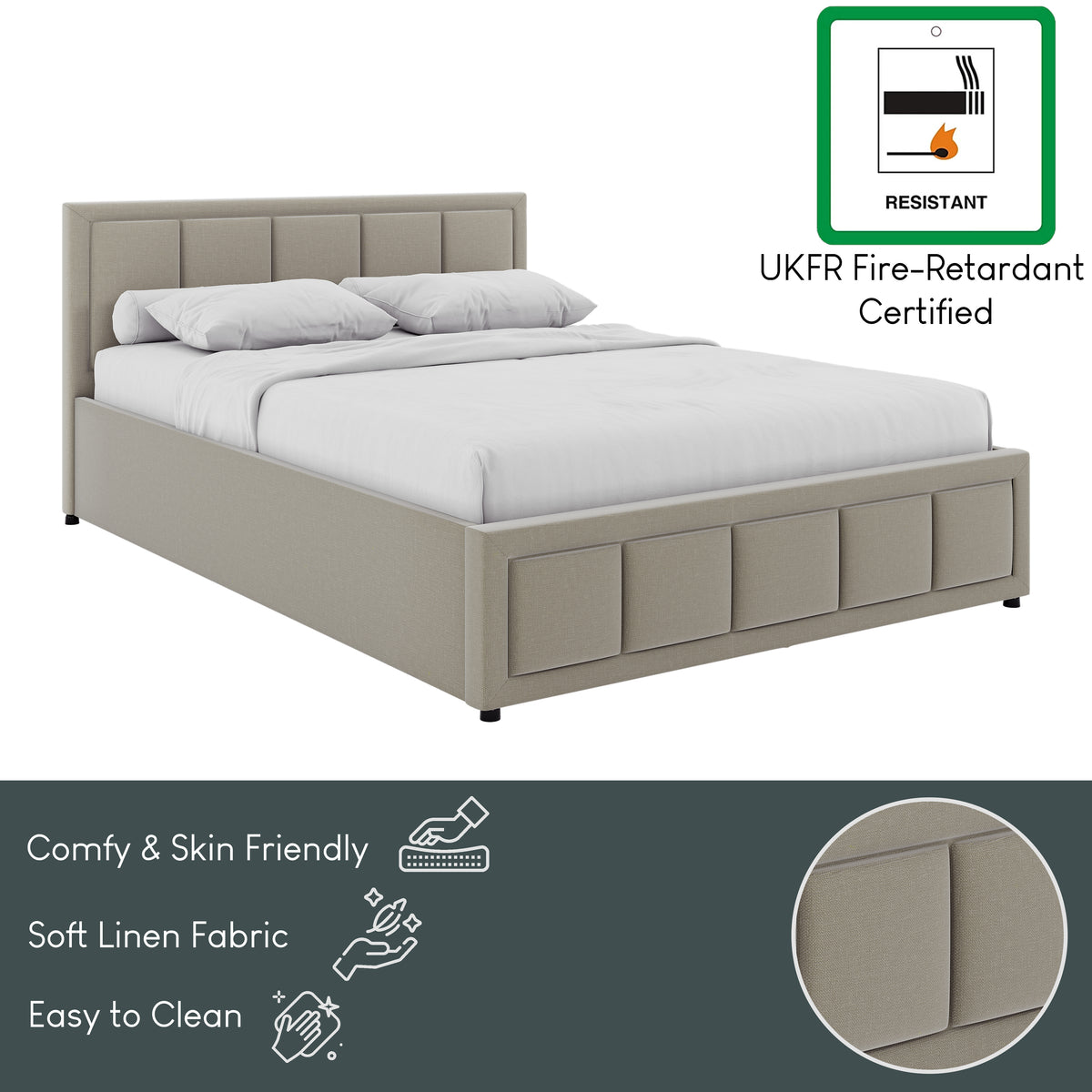 Vanita Double Fabric Ottoman Bed, Beige UKFR