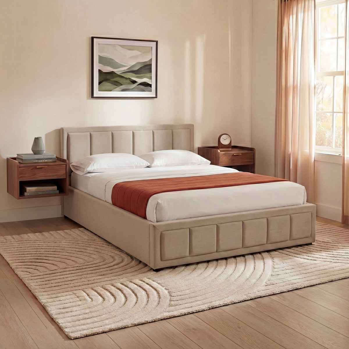 Vanita King Size Fabric Ottoman Bed, Beige UKFR