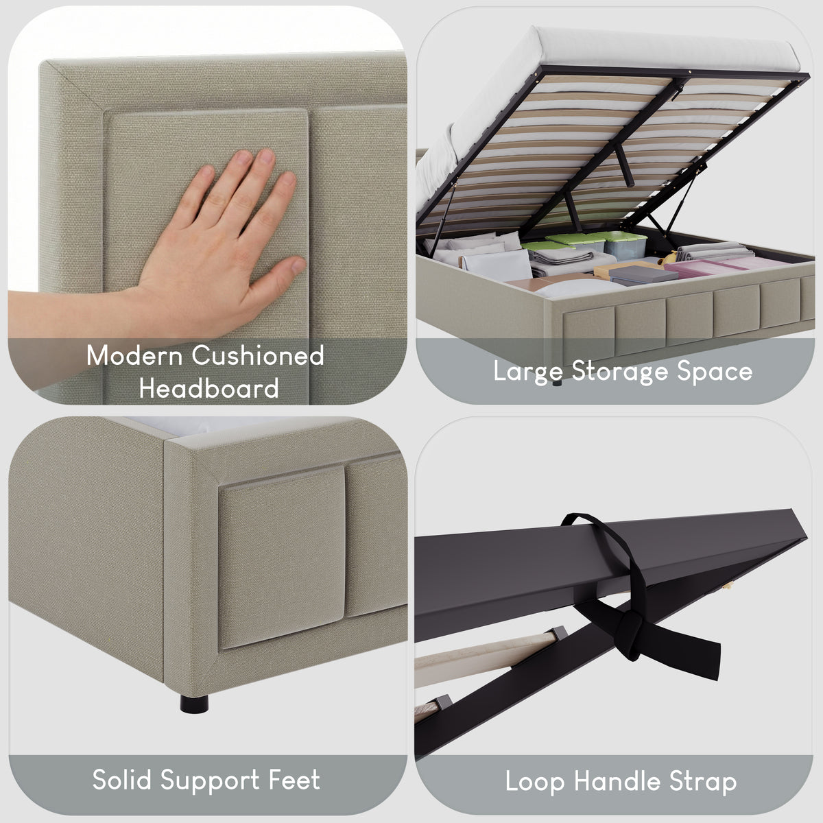 Vanita King Size Fabric Ottoman Bed, Beige UKFR