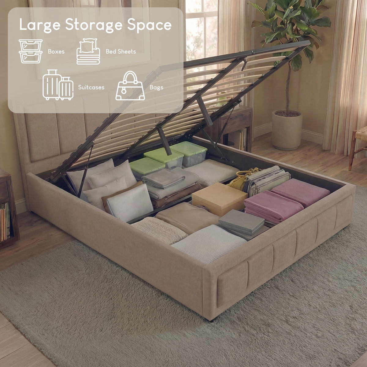 Vanita King Size Fabric Ottoman Bed, Beige UKFR