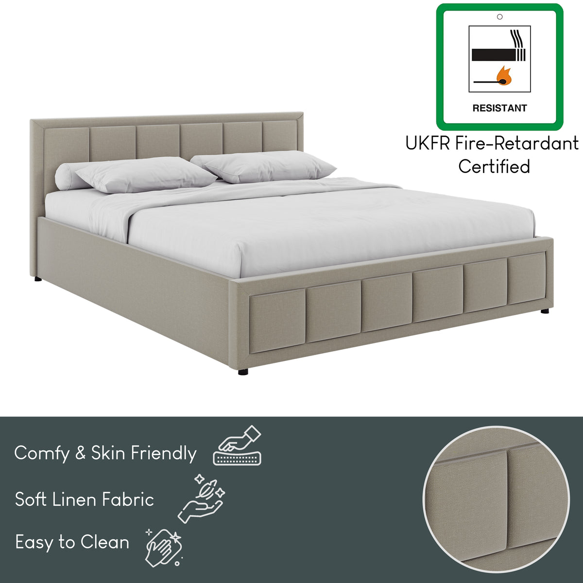 Vanita King Size Fabric Ottoman Bed, Beige UKFR