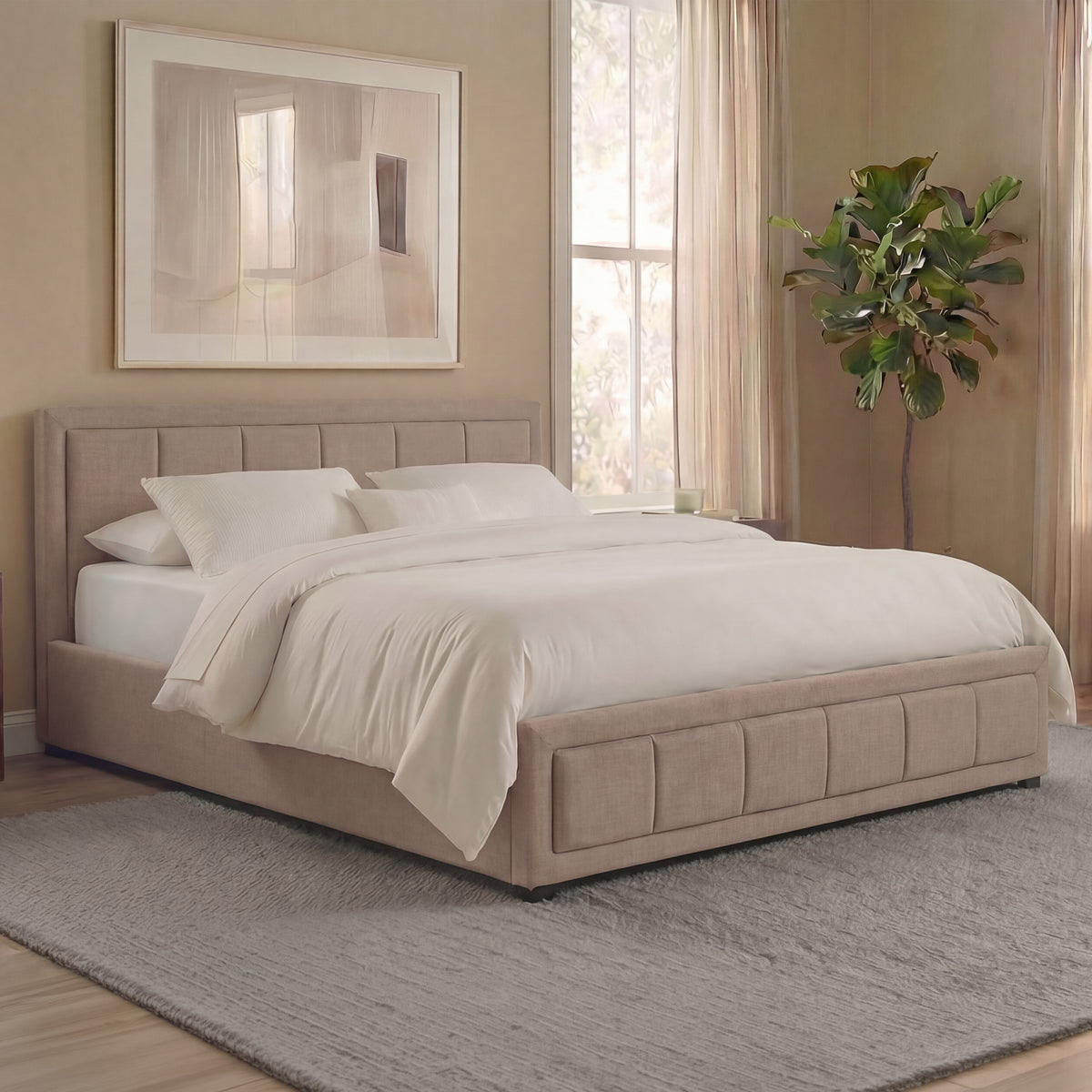Vanita King Size Fabric Ottoman Bed, Beige UKFR