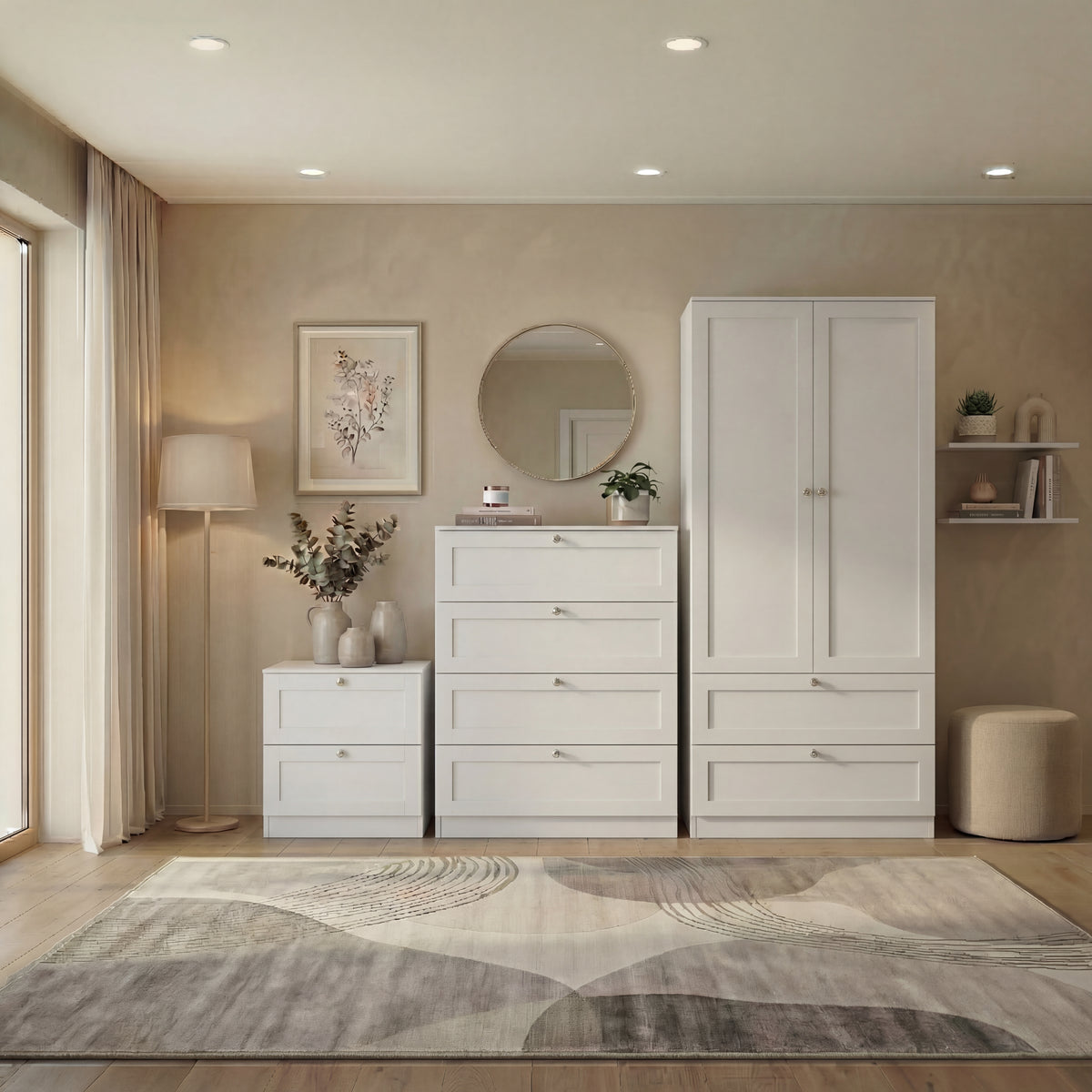 Altino 3 Piece Bedroom Furniture Set (2 Drawer Bedside, 4 Drawer Chest, 2 Door 2 Drawer Wardrobe), White